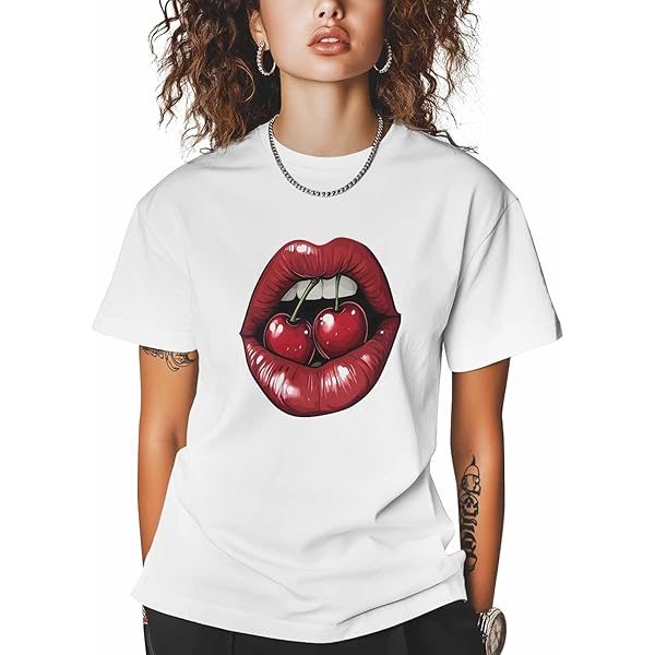 Graphic Women's T-Shirt Kiss Sexy Lip Embroidery Cotton Top Short